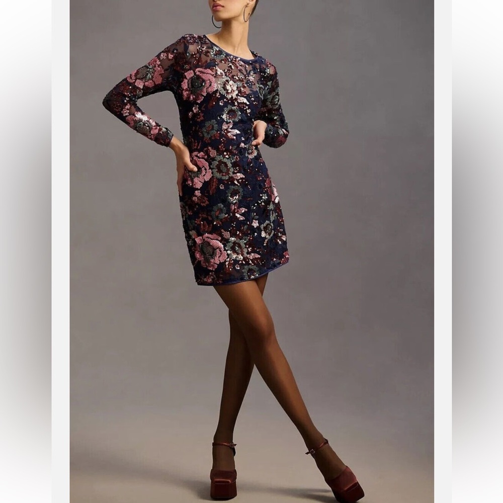 NWT Anthropologie Women’s sequined floral long sleeve mini dress 4P